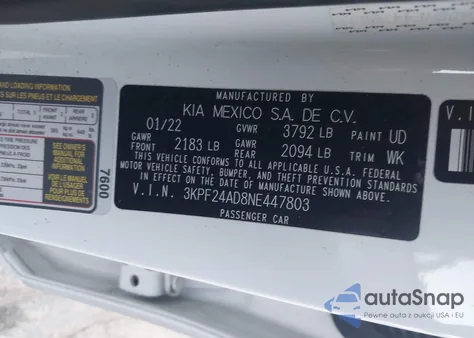 2022 Kia Forte Fe z USA, uszkodzony, nr VIN 3KPF24AD8NE447803